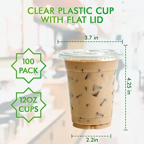 לילימיקי [100 סטים] כוסות פלסטיק שקופות של 12 עוז עם מכסים שטוחים, כוסות שתייה חד פעמיות, כוסות פלסטיק